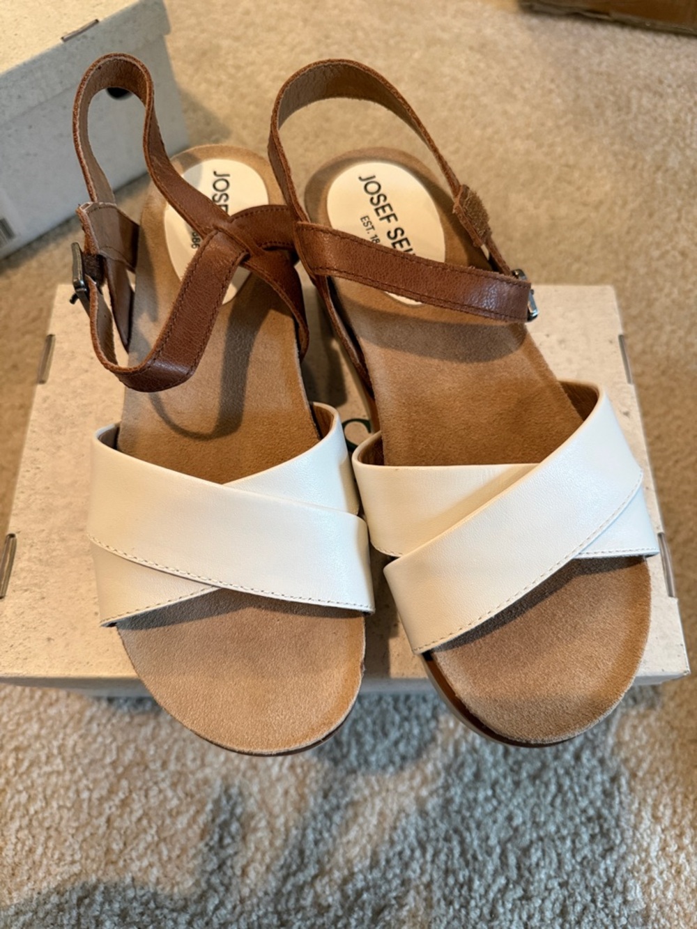 Josef Seibel Cream and Brown Leather Crisscross Slingback Sandals